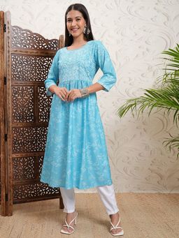 VISHUDH - Blue Floral Printed Round Neck Gathered Waist A-Line Kurta