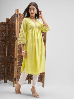 VISHUDH - Women Embroidered V-Neck Anarkali Polyester Yellow Kurta