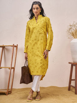 VISHUDH - Floral Embroidered Mandarin Collar Pure Cotton Straight Kurta