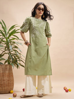 VISHUDH - Women Green Embroidered Elasticated Kurta