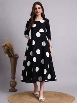 Aayusika - Black Rayon Polka Dot Printed Long Dress