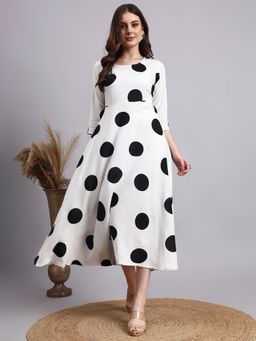 Aayusika - White Rayon Polka Dot Printed Long Dress