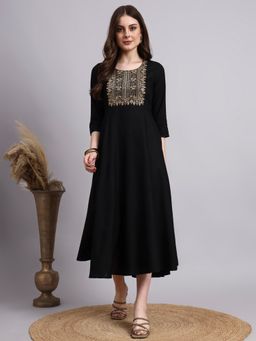 Aayusika - Black Rayon Embroidered Long Dress