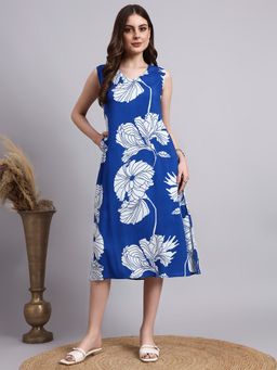 Aayusika - Blue Rayon Floral Printed Dress