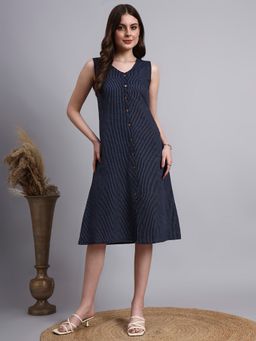 Aayusika - Navy Blue Cotton Katha Dress