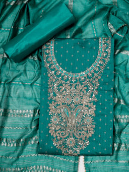 SALWAR STUDIO - Chanderi Embroidered Green Unstitched Kurta with Bottom and Dupatta (Set of 3)