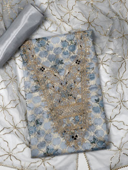 SALWAR STUDIO - Chanderi Embroidered Blue Unstitched Kurta with Bottom and Dupatta (Set of 3)