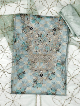 SALWAR STUDIO - Chanderi Embroidered Green Unstitched Kurta with Bottom and Dupatta (Set of 3)