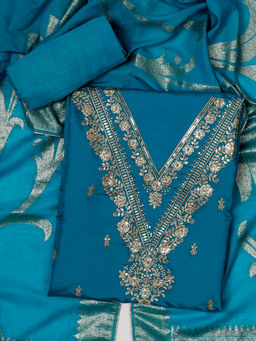 SALWAR STUDIO - Silk Embroidered Green Unstitched Kurta with Bottom and Dupatta (Set of 3)