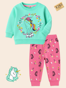 Kuchipoo - Girls Green-Pink Winterwear Sweatshirt and Joggers