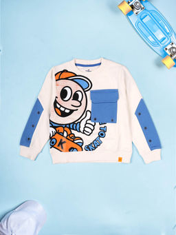 KiddoPanti - Boys Graphic Printed Fleece Sweatshirt- Off White