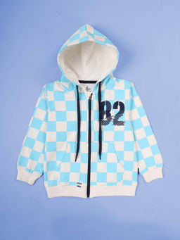 KiddoPanti - Boys Fleece Checks Printed Hoodie- Blue