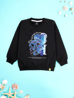 KiddoPanti - Boys Cotton Fleece Graphic Printed Round Neck Sweatshirt- Black