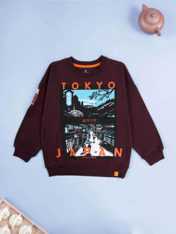 KiddoPanti - Boys Cotton Fleece Graphic Printed Sweatshirt- Wine