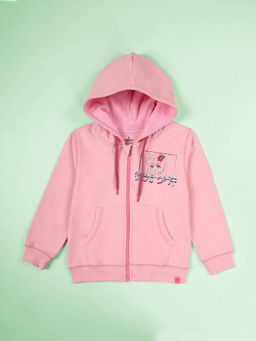 KiddoPanti - Girls Graphic Printed Zip-Up Fleece Hoodie- Pink