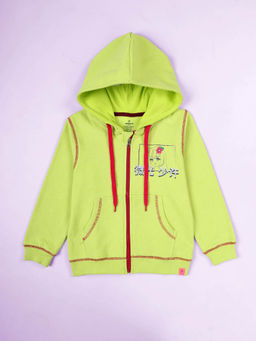 KiddoPanti - Girls Graphic Printed Zip-Up Fleece Hoodie- Green