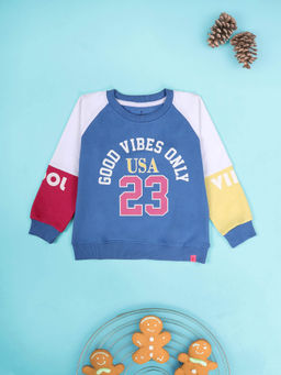 KiddoPanti - Girls Cotton Colorblock Round Neck Sweatshirt- Blue