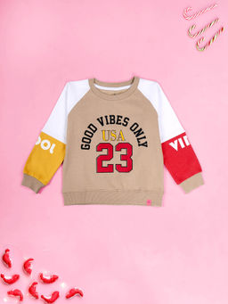 KiddoPanti - Girls Cotton Colorblock Round Neck Sweatshirt- Beige