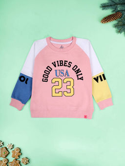 KiddoPanti - Girls Cotton Colorblock Round Neck Sweatshirt- Pink
