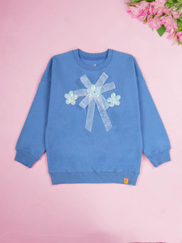 KiddoPanti - Girls Cotton Fleece Embellished Full Sleeves Sweatshirt- Blue