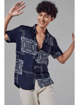 Snitch - Navy Blue Printed Half Sleeves Slim Shirt for Men
