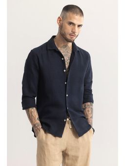Snitch - Navy Blue Textured Full Sleeves Slim Casual Shirt for Men