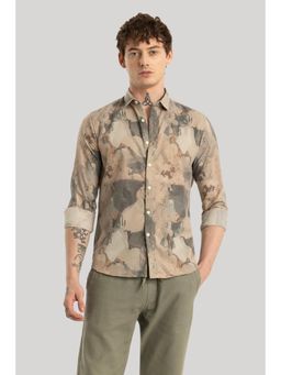 Snitch - Tan Printed Full Sleeves Slim Casual Shirt for Men