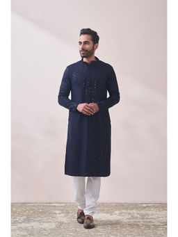 Manyavar - Blue Blended Viscose Embroidery Kurta Pencil Pyjama Set (Set of 2)