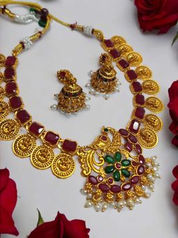 OOMPH - Antique Gold Tone Red & Green Stones Necklace Set with Jhumka Earrings