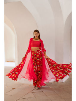 PALLAVI JAIPUR - Gulbahar Chilly Red Organza Jacket With Crop Top & Cape Belt (Set of 4)