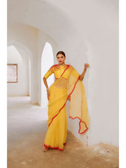 PALLAVI JAIPUR - Gulbahar Daisy Yellow Mimosa Foregoes Saree With Stitched Blouse