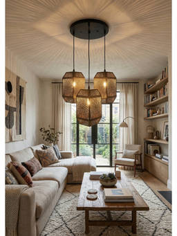 DecorativeRay - Black Sunburst Pattern Perforated Shadow Effect Warm Ambient Pendant Hanging Light