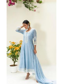 AM by Anita Mittal - Blue Parchhai Anarkali Kurta with Pant and Dupatta