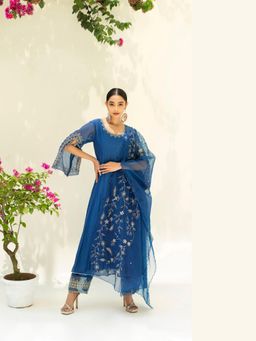 AM by Anita Mittal - Blue Dastak Anarkali Kurta with Pant and Dupatta