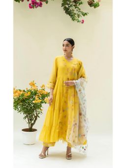 AM by Anita Mittal - Yellow Soch Side-Gather Anarkali Kurta with Pant and Dupatta