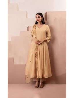 AM by Anita Mittal - Beige Ruhani Anarkali Kurta with Pant and Dupatta