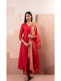 AM by Anita Mittal - Red Ruhani Anarkali Kurta with Pant and Dupatta