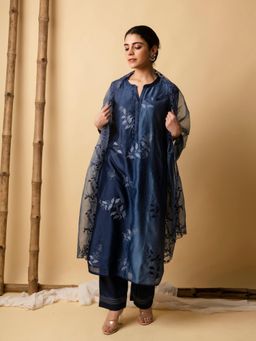 AM by Anita Mittal - Blue Leaf Applique Kurta with Pant and Dupatta