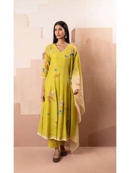 AM by Anita Mittal - Yellow Frida Anarkali Kurta with Pant and Dupatta