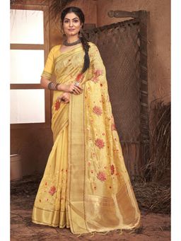 Sangam Prints - Yellow Organza Embroidery with Stone Traditional Tassel Saree with Unstitched Blouse