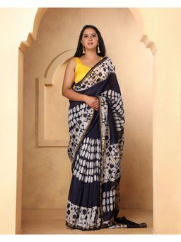 Mayurie - Sophia Chanderi Batik Print Saree with Unstitched Blouse, Navy Blue