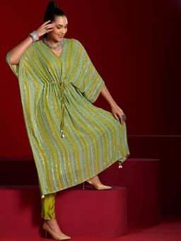 Libas Art - Floral Kaftan with Inner Pant - Green (Set of 3)