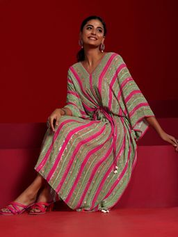 Libas Art - Floral Kaftan with Inner Pant - Pink (Set of 3)