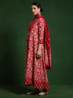 Jaipur Kurti - Floral Embroidered A-Line Cotton Anarkali and Pant with Dupatta - Red (Set of 3)