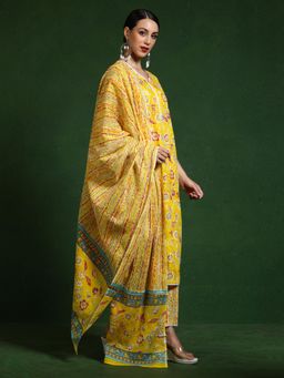 Jaipur Kurti - Floral Embroidered A-Line Cotton Kurta and Pant with Dupatta - Yellow (Set of 3)