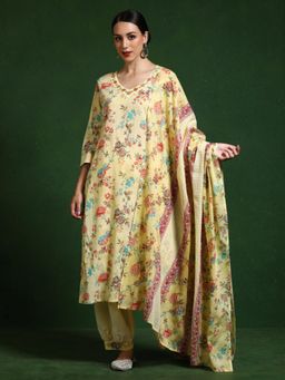 Jaipur Kurti - Floral Embroidered A-Line Cotton Kurta and Pant with Dupatta - Yellow (Set of 3)