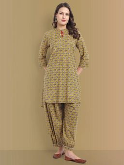 Mera Rang - Mustard Mosaic Ajrak Asymmetrical Kurta with Salwar (Set of 2)