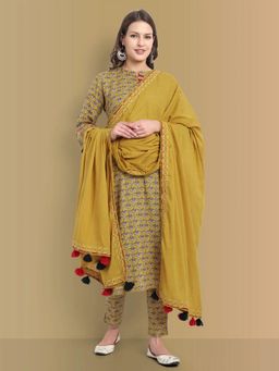 Mera Rang - Mustard Mosaic Ajrak Straight Kurta Pant with Dupatta (Set of 3)