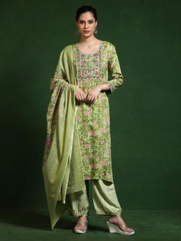Jaipur Kurti - Floral Embroidered Straight Kurta and Pant with Dupatta - Green (Set of 3)