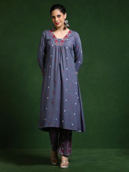 Jaipur Kurti - Floral Embroidered A-Line Kurta and Pant - Grey (Set of 2)